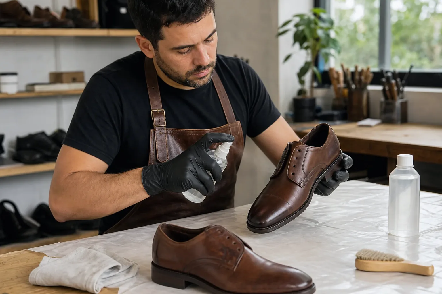 Sapateiro aplicando impermeabilização em sapatos, mostrando a técnica.