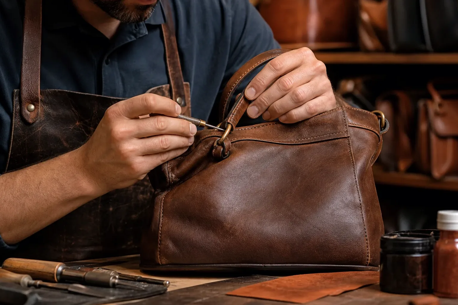 Sapateiro reparando bolsa de couro, utilizando técnicas adequadas.