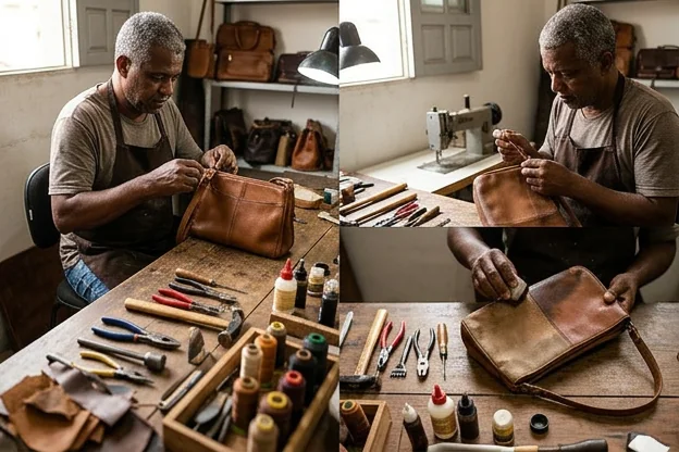 Técnico demonstrando reforma em bolsa de couro com ferramentas apropriadas.